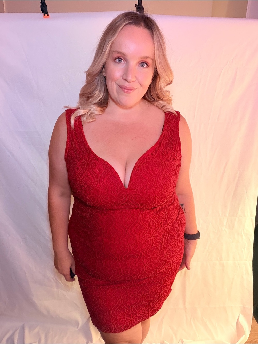 le chateau Bright Red Lace V-Neck Midi Dress